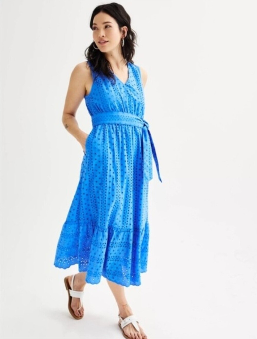 Sonoma 100% Cotton Eyelet Midi Dress With Belt Sleeveless V- Neck Blue Size XXL